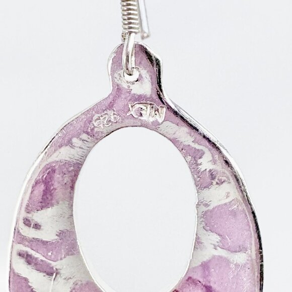 Sterling Silver 925 Crushed Opal and Green Enamel Inlay Dangle Earrings 2" Long - Picture 7 of 9